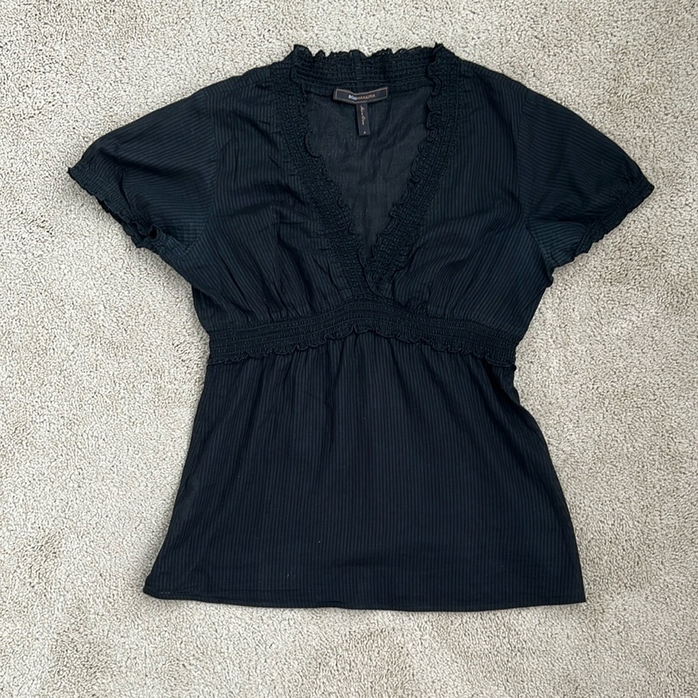 BCBGMaxAzria sheer short sleeve v neck top with ruffle trim, S